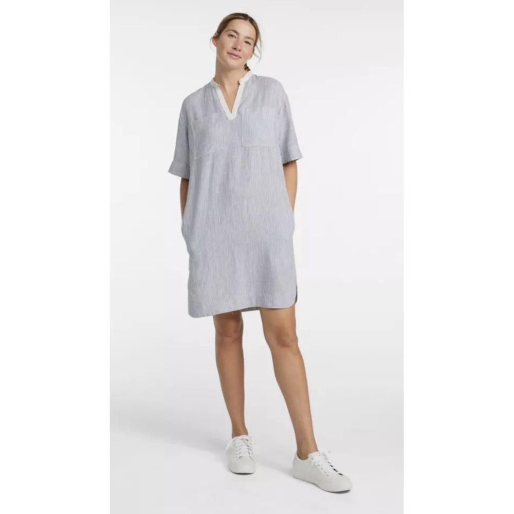 LL Bean Signature Dress XL Knit Blue White Striped Pockets V Neck Relaxed Linen